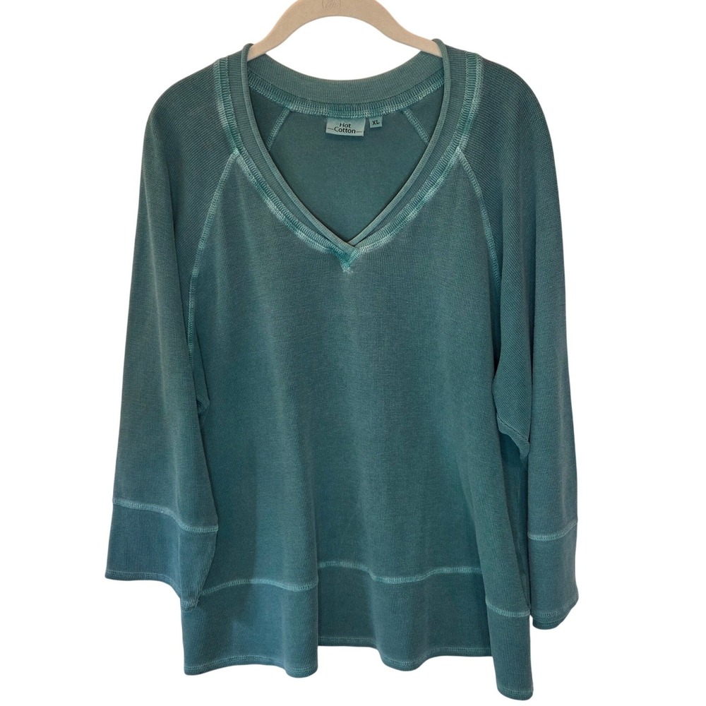 Hot Cotton Teal Green Waffle Knit V-Neck Oversized Pullover Top XL